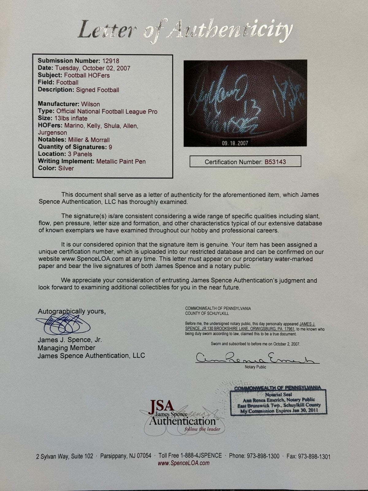 Hall Of Fame Autographed Official Wilson Nfl Football (Jsa)