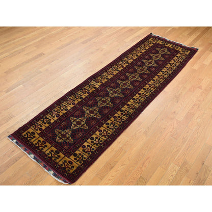 3'X10'2" Red Afghan Khamyab Shiny Wool Hand Knotted Runner Rug