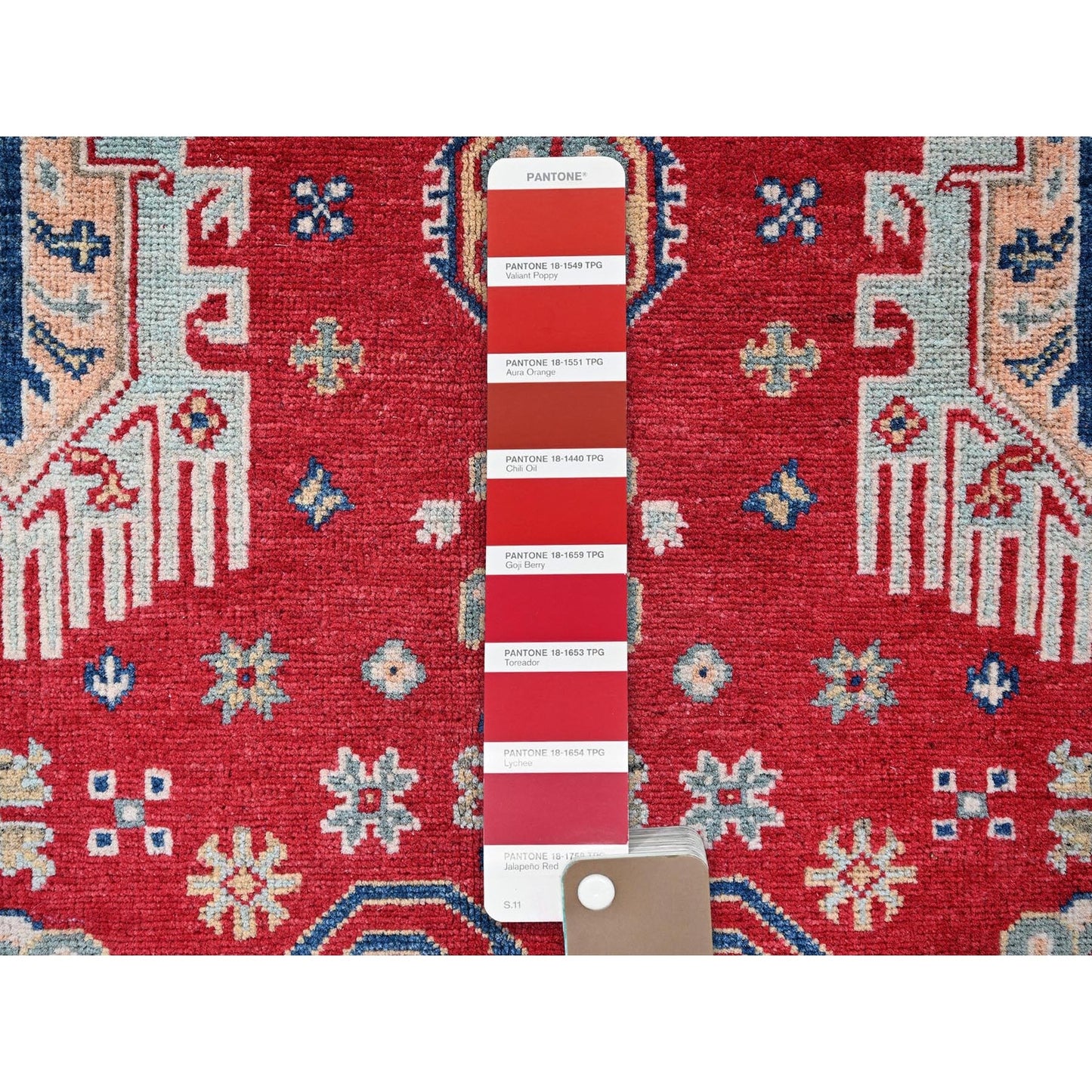 3'10"X5'10" Arsenal Red Kazak With Tribal Motifs Hand Knotted Soft Wool Rug
