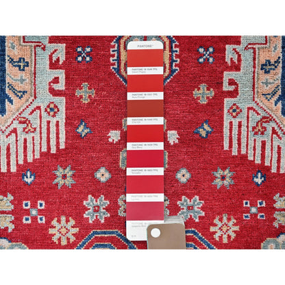 3'10"X5'10" Arsenal Red Kazak With Tribal Motifs Hand Knotted Soft Wool Rug