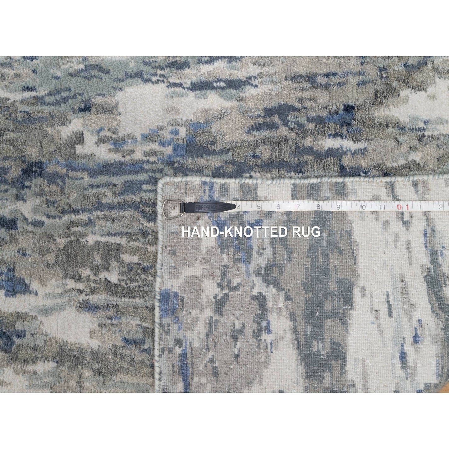 2'7"X10'2" Yale Blue Abstract Design Wool & Silk Hand Knotted Runner Rug