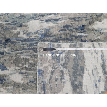 2'7"X10'2" Yale Blue Abstract Design Wool & Silk Hand Knotted Runner Rug