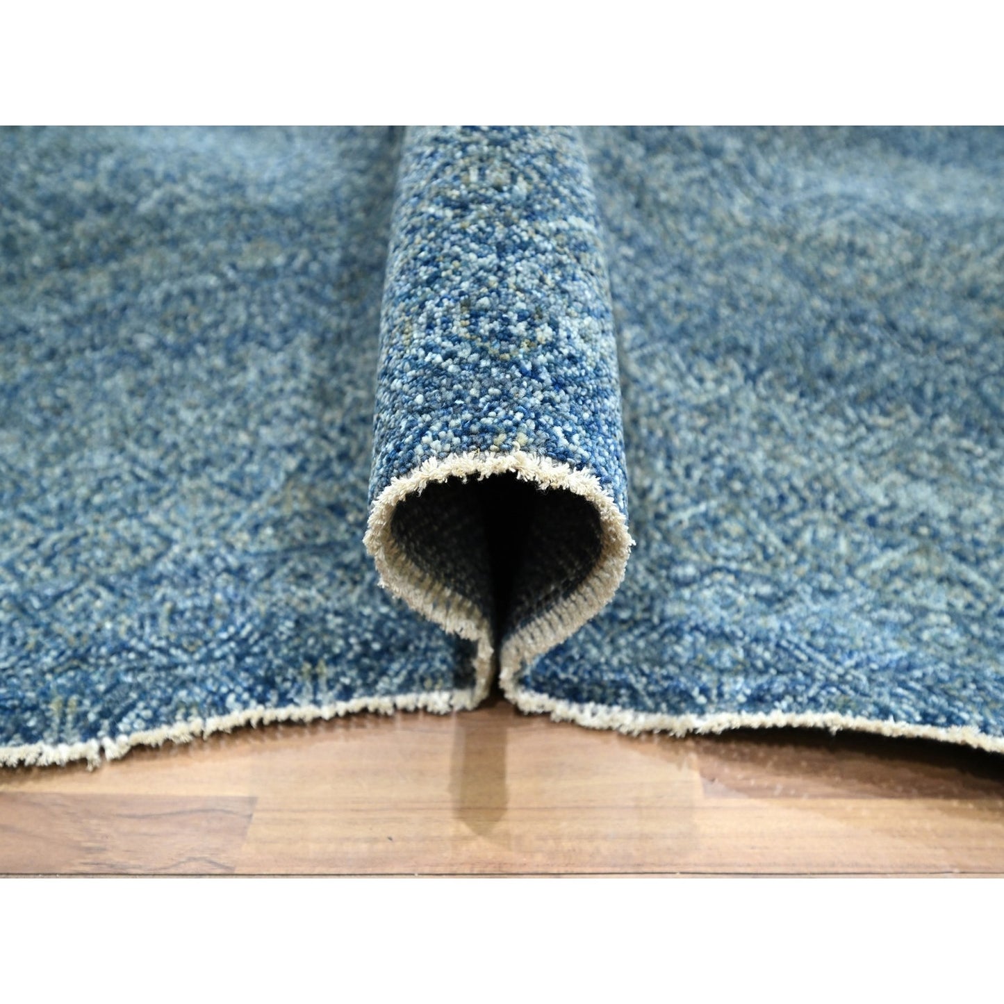 9'X12'1" Yale Blue Geometric Diamond Design Pure Wool Hand Knotted Rug