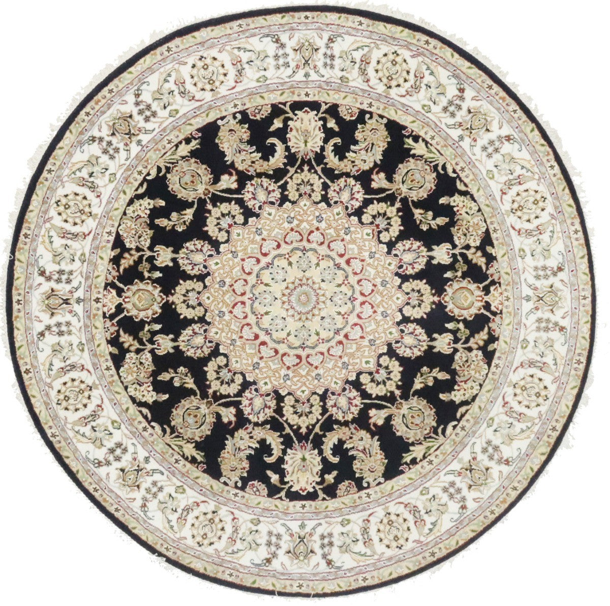 Handmade Indo-Nain Dark Navy Floral Medallion Oriental Round Rug Carpet 6X6 ft