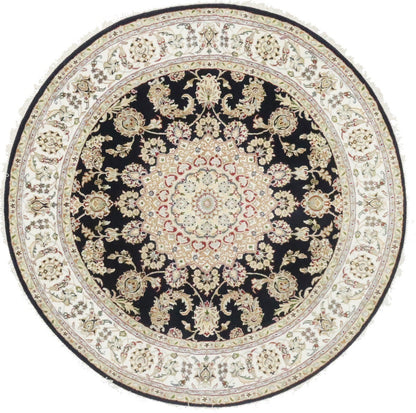 Handmade Indo-Nain Dark Navy Floral Medallion Oriental Round Rug Carpet 6X6 ft