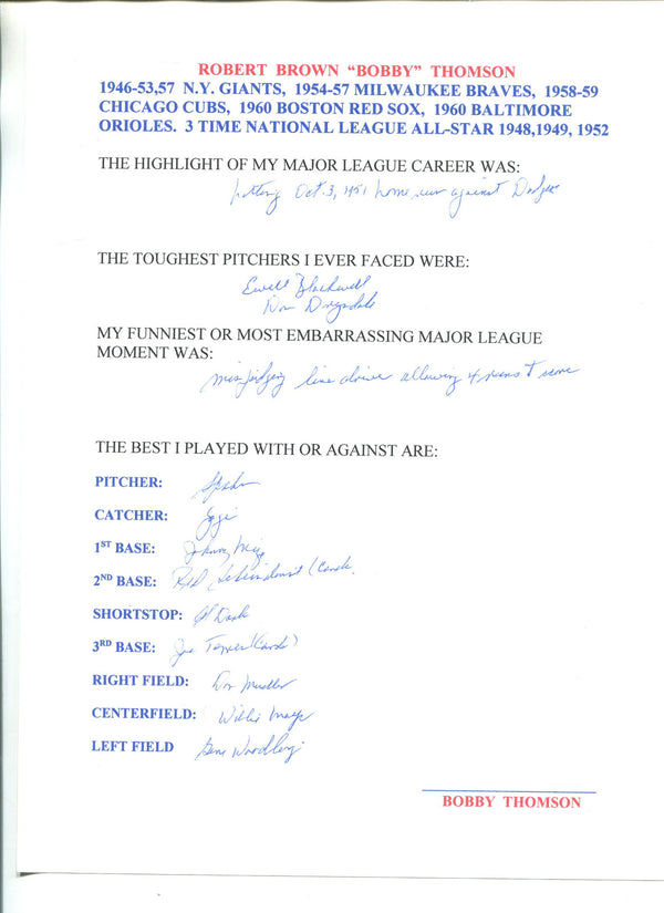 Bobby Thompson Autographed Hand-Filled-Out Survey Page