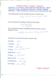 Bobby Thompson Autographed Hand-Filled-Out Survey Page