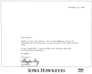 Hayden Fry Football Coach Signed Tls Letter
