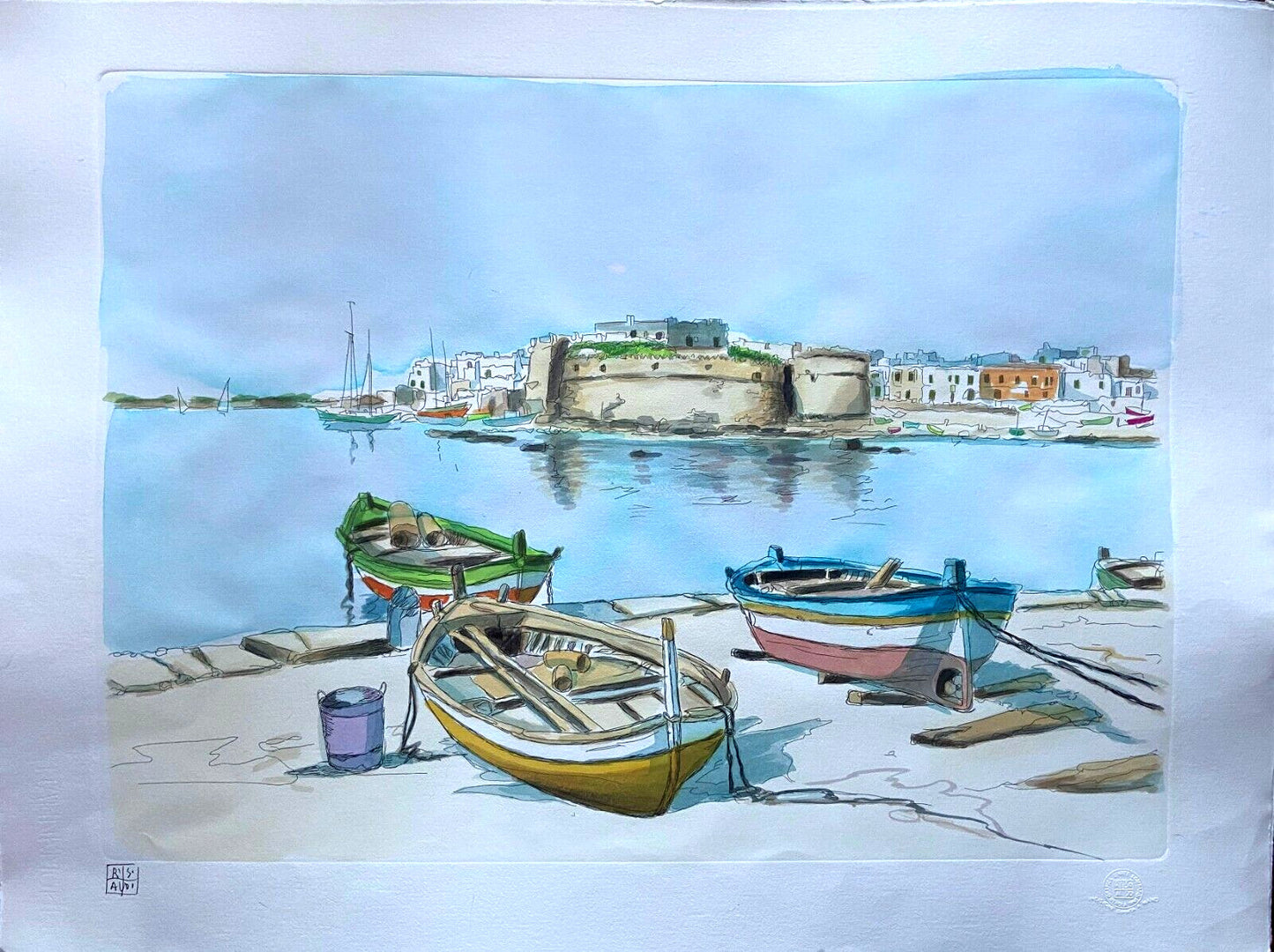 Aldo Riso "Gallipoli" 60X80 Unique Watercolor Authenticated