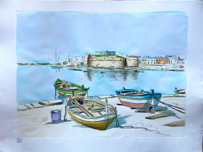 Aldo Riso "Gallipoli" 60X80 Unique Watercolor Authenticated