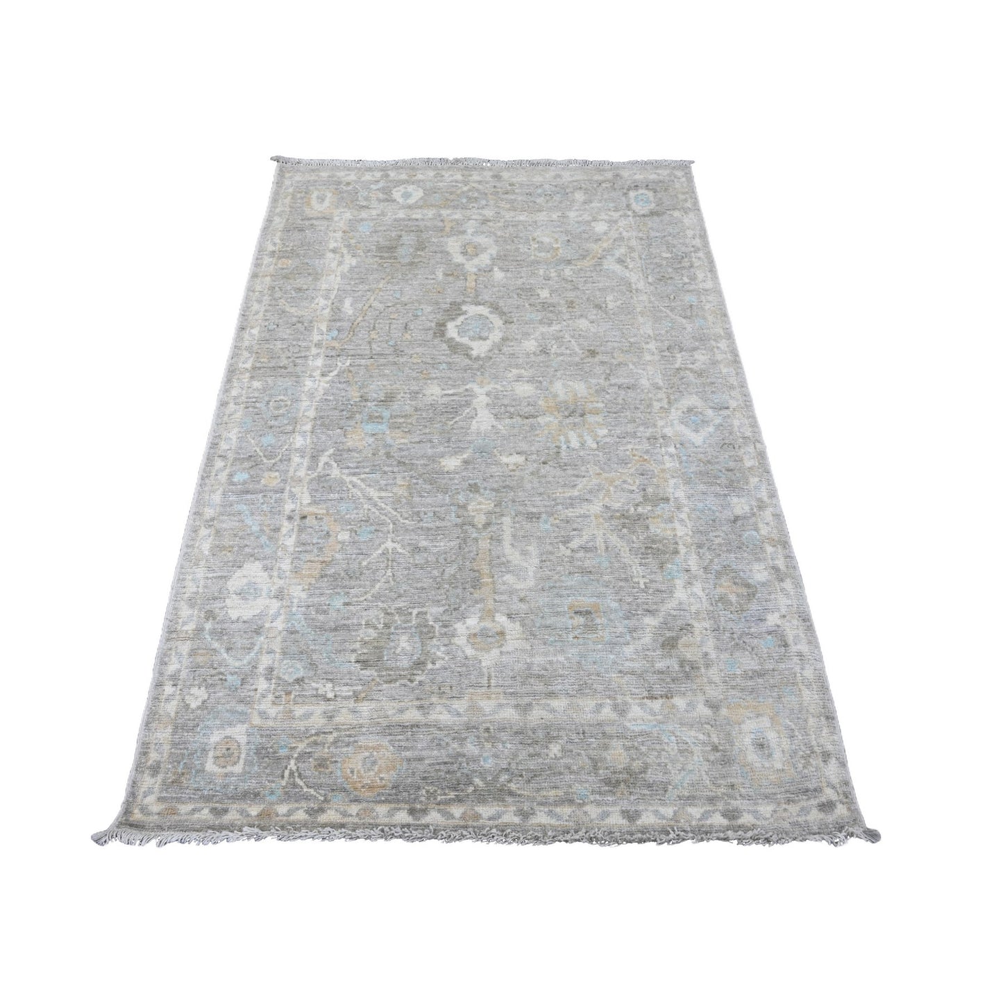 4'1"X5'10" Fossil Gray Hand Knotted Afghan Angora Oushak 100% Wool Rug
