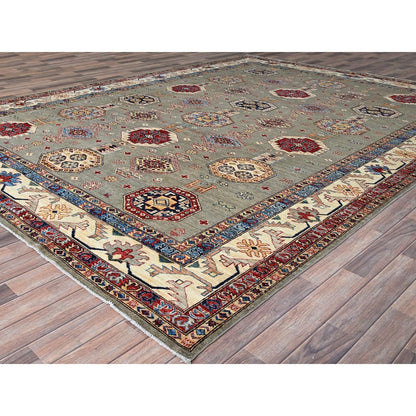 8'10"X11'9" Wrought Iron Gray Soft Pure Wool Hand Knotted Super Kazak Rug