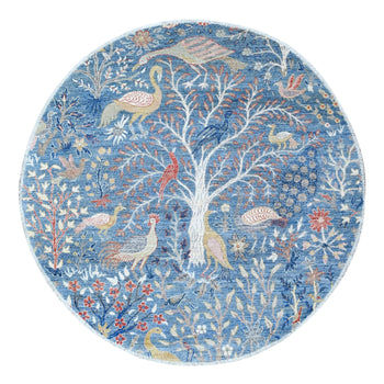 6'X6' Uranian Blue Wool Peshawar Birds Of Paradise Hand Knotted Round Rug