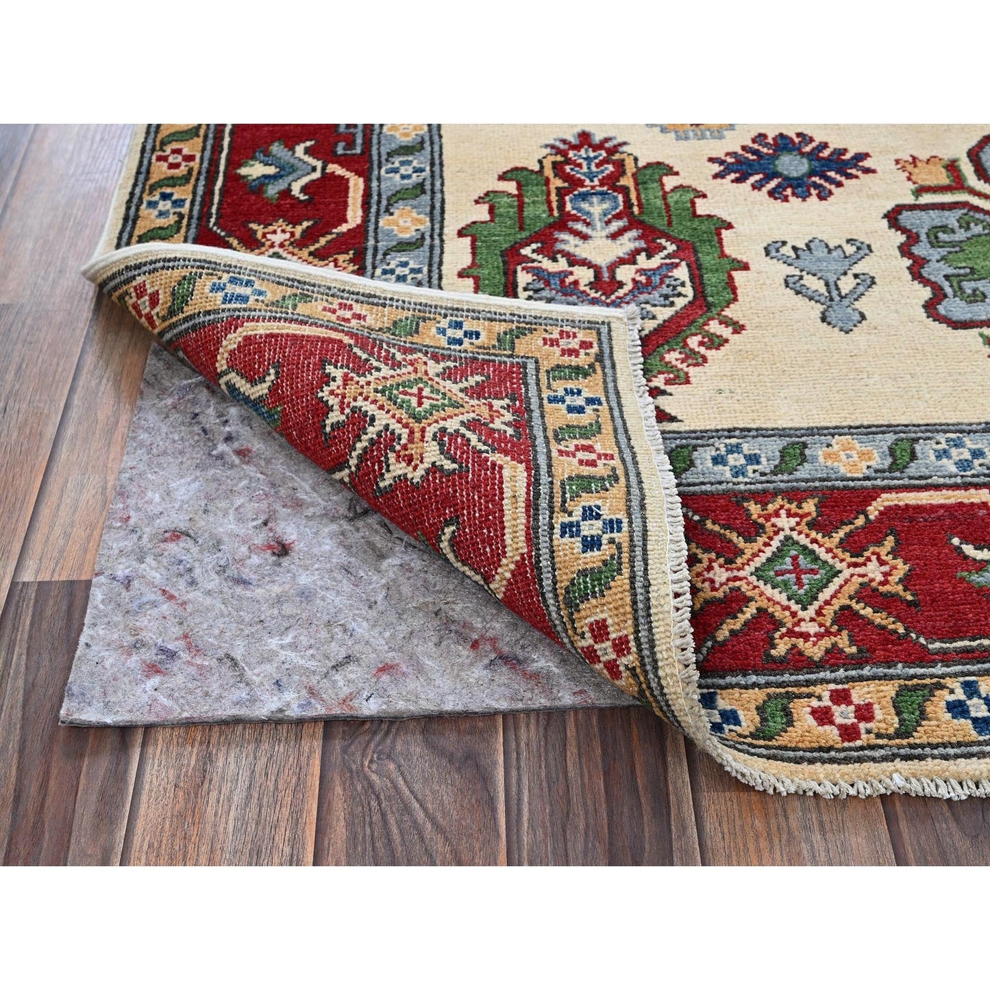 5'X6'6" Chiffon White Kazak With Geometric Design Hand Knotted Wool Rug
