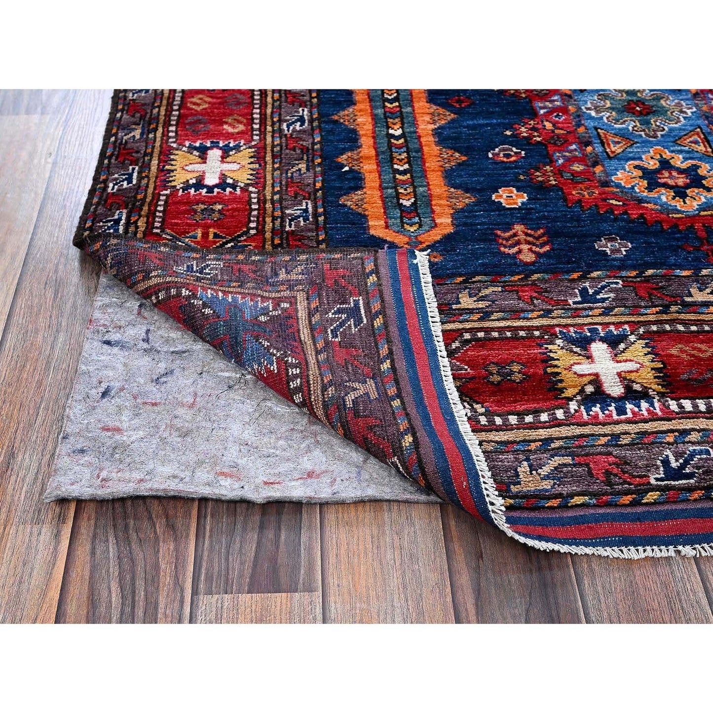 6'4"X8'9" Blue Afghan Ersari Caucasian Design Revival Wool Hand Knotted Rug