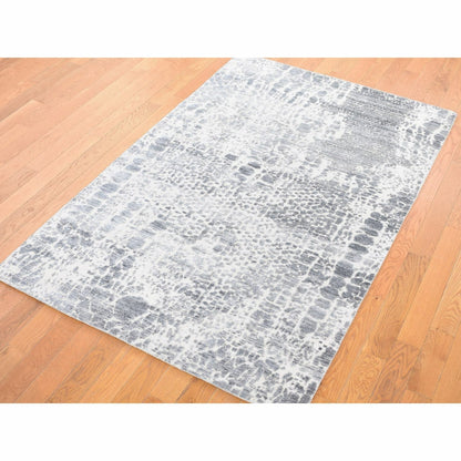 4'X6' Ivory Modern Design Hand Knotted Silk With Textured Wool Rug