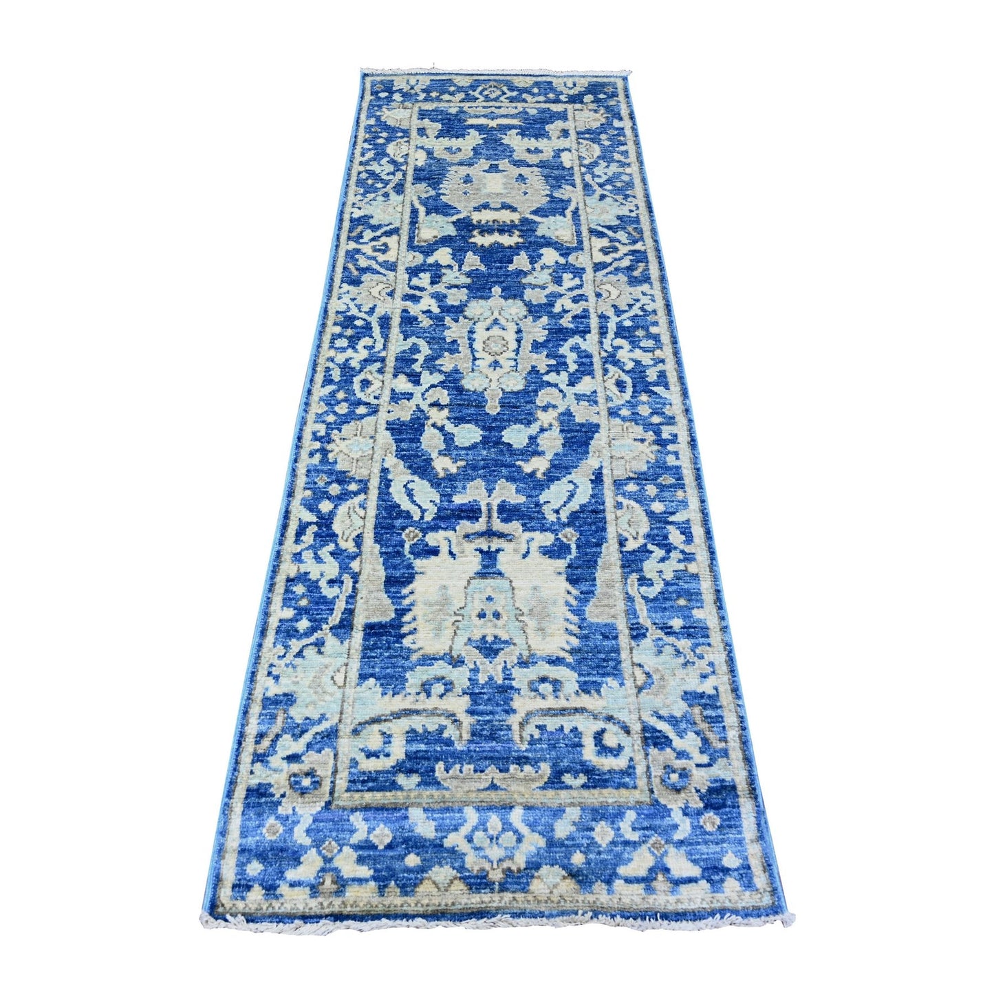 2'7"X7'10" Luxe Blue Afghan Angora Oushak Hand Knotted Wool Runner Rug
