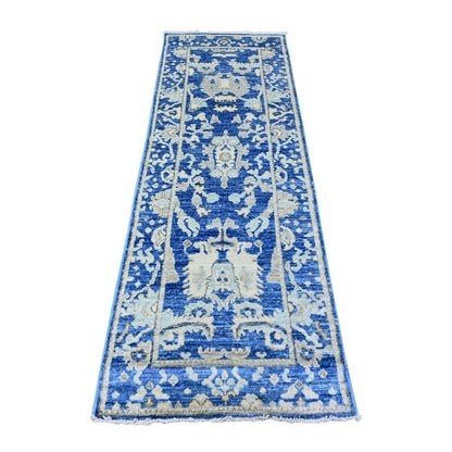 2'7"X7'10" Luxe Blue Afghan Angora Oushak Hand Knotted Wool Runner Rug