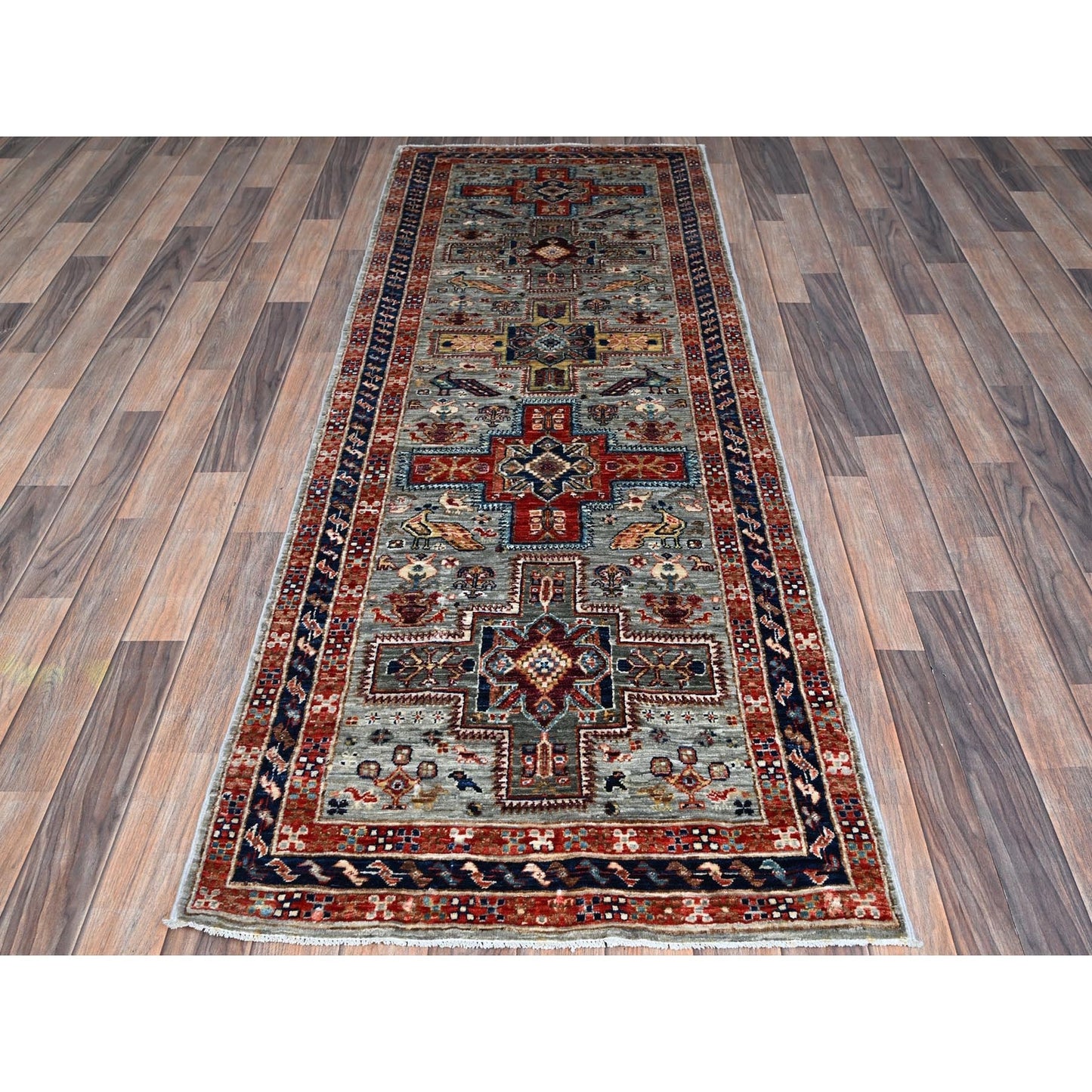 2'8"X7'5" Gray Caucasian Design Hand Knotted Pure Wool Runner Oriental Rug