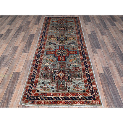 2'8"X7'5" Gray Caucasian Design Hand Knotted Pure Wool Runner Oriental Rug
