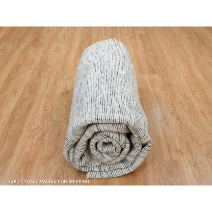 12'X12' Blue Modern Striae Design Pure Wool Hand Loomed Round Rug