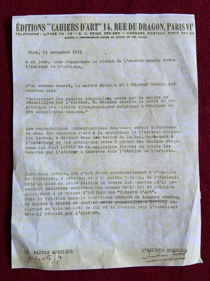 Henri Matisse Lithograph 1960 Signed Contract Numbered Stamped