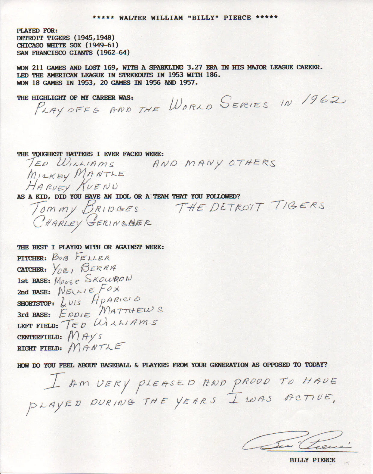 Billy Pierce Autographed Hand Filled Out Survey Page (Jsa)