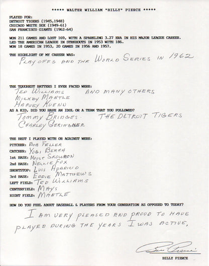 Billy Pierce Autographed Hand Filled Out Survey Page (Jsa)