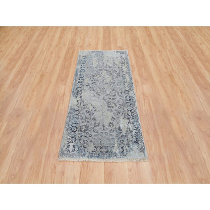 2'6"X6' Gray Hand Knotted Broken Kishoon Design Silk With Wool Runner Rug
