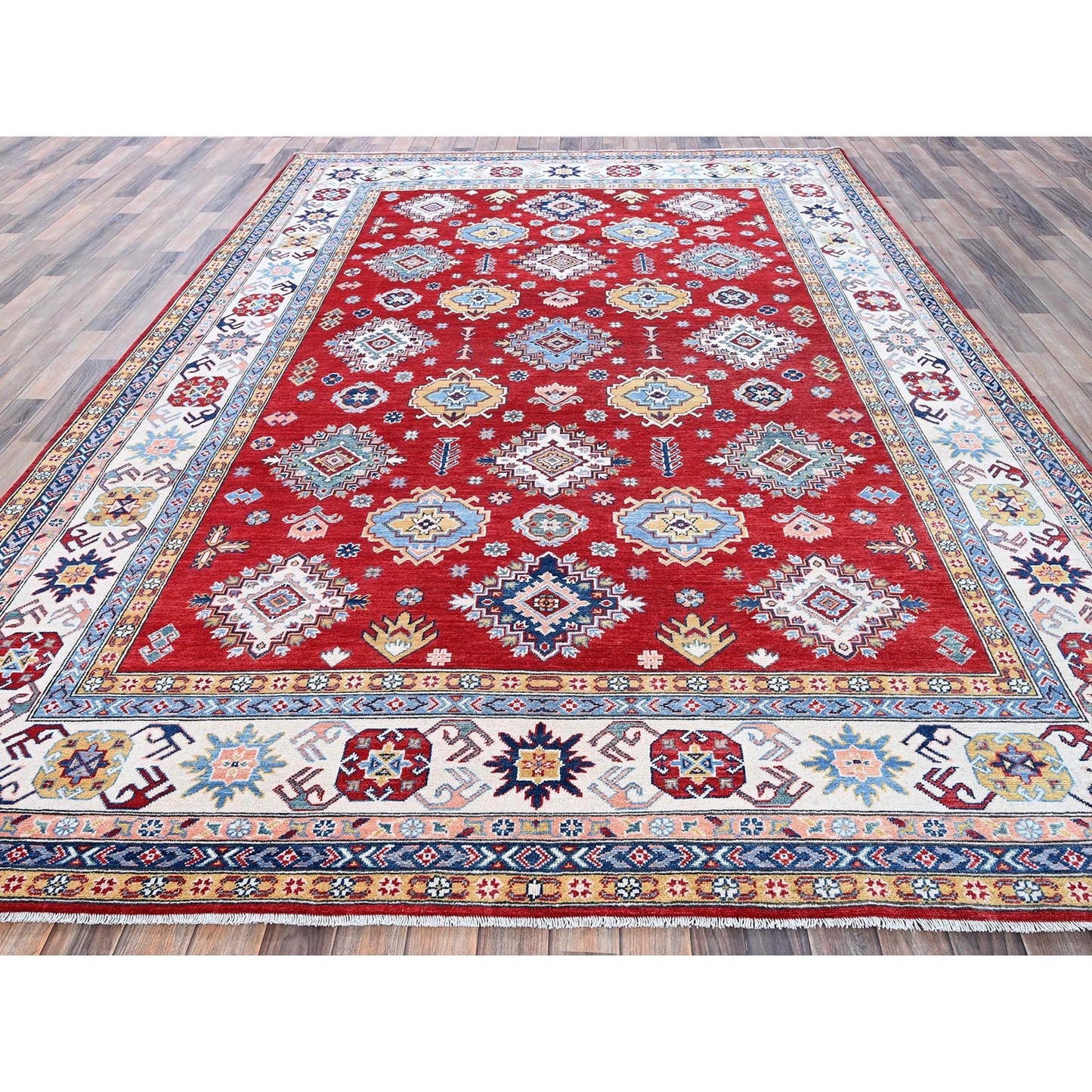 8'X11'3" Chili Red Kazak With Geometric Pattern Hand Knotted Soft Wool Rug