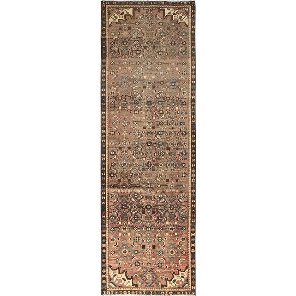 Rug 3'x9'3" Brown Zero Pile Vintage Zoroastrian Wool Hand Knotted Runner
