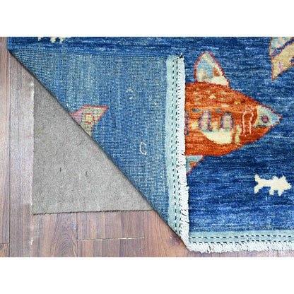 4'X11'7" Blue Wool Hand Knotted Peshawar Oceanic Fish Wide Runner Rug