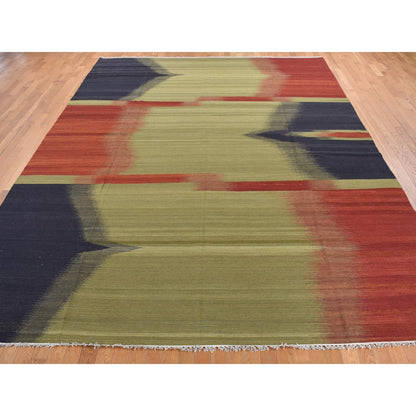 10'X14'6" Green Hand Woven Contemporary Kilim Design 100% Wool Rug