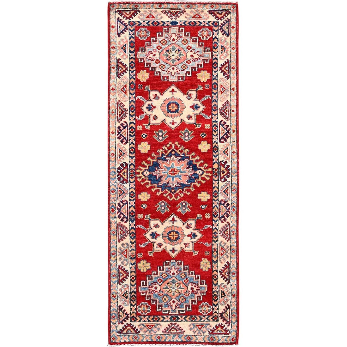 2'1"X5'6" Red Kazak Geometric Medallion Motifs 100% Wool Hand Knotted Rug