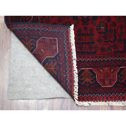 2'9"X9'10" Red Hand Knotted Tribal Design Wool Afghan Khamyab Runner Rug