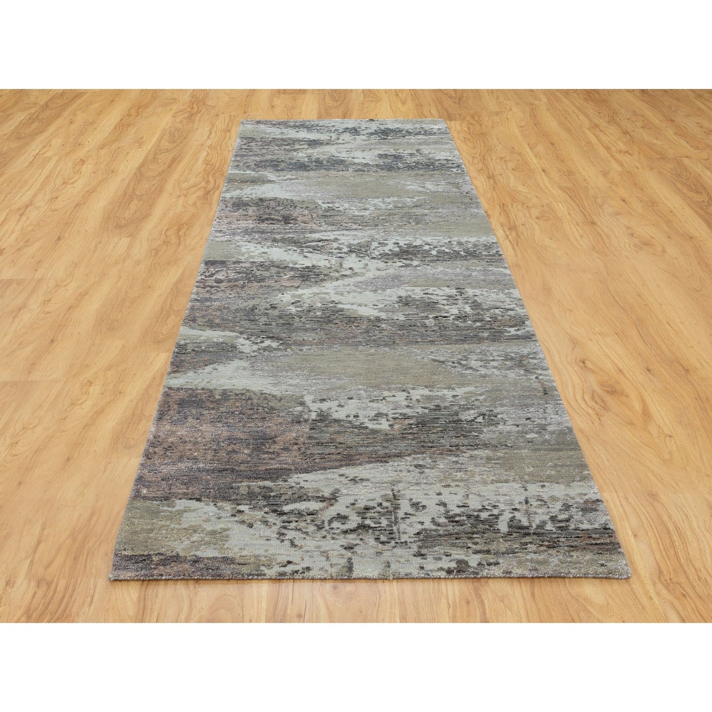 Rug 2'8"x9'10" Natural Abstract Design Wool & Silk Hand Knotted Runner