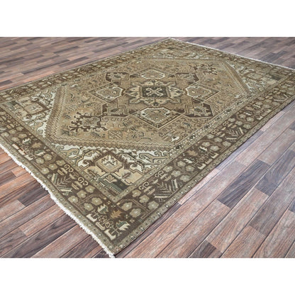 6'7"X9'3" Khaki Brown Vintage Zoroastrian Heris Hand Knotted Pure Wool Rug