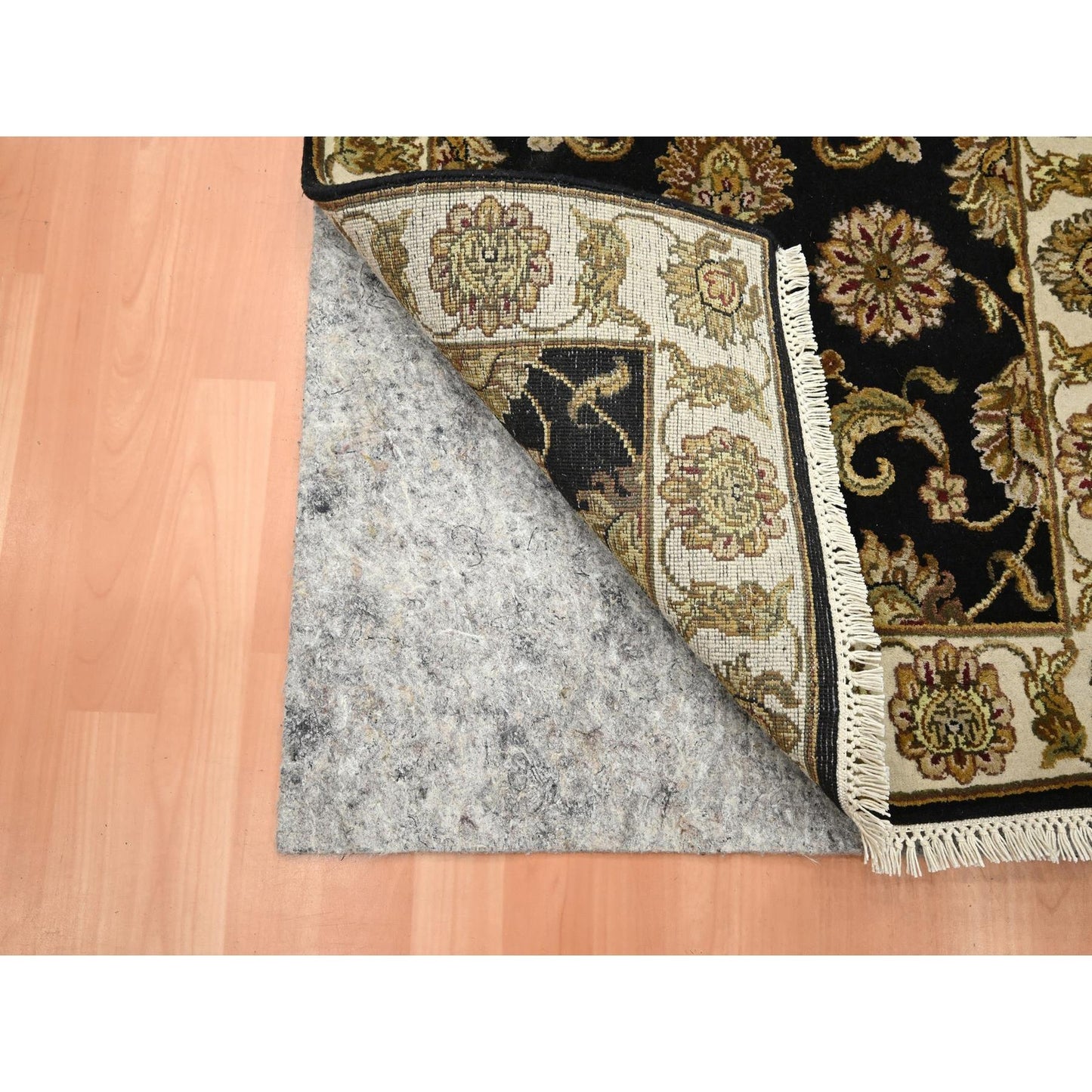 2'6"X8' Black Rajasthan Leaf Design Hand Knotted Wool & Silk Runner Rug