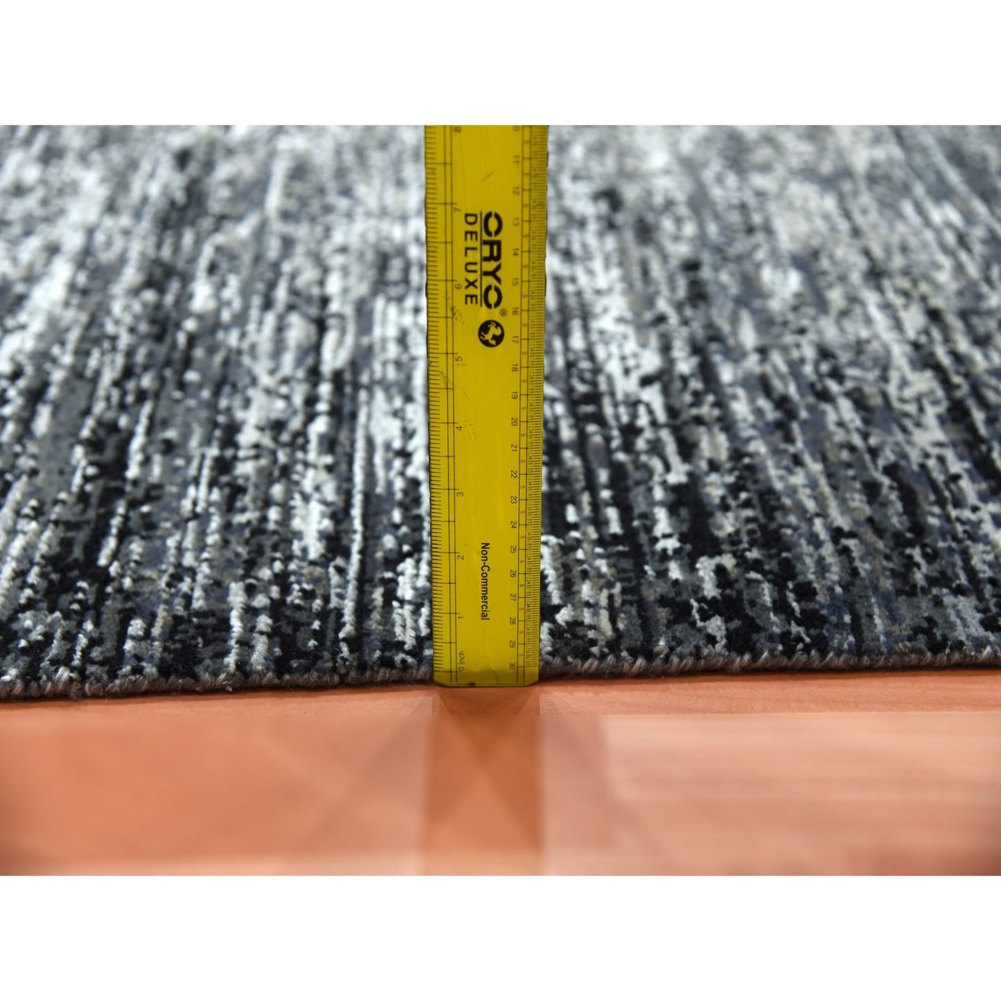 6'1"X6'1" Black Wool/Silk Hand Knotted Striae Design Square Oriental Rug