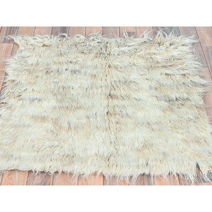 3'X3' Beige Shaggy Moroccan Undyed Natural Wool Hand Knotted Square Rug