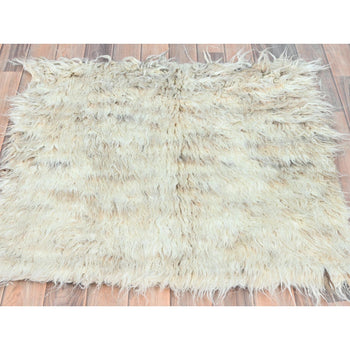 3'X3' Beige Shaggy Moroccan Undyed Natural Wool Hand Knotted Square Rug