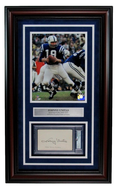 Johnny Unitas Hof Signed 3X5 Index Card W/ Photo