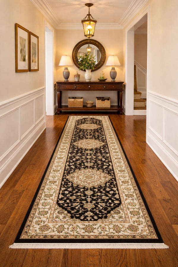 Handmade Indo-Nain Oriental Runner Rug 3X12 ft Black Floral Wool Carpet Hallway