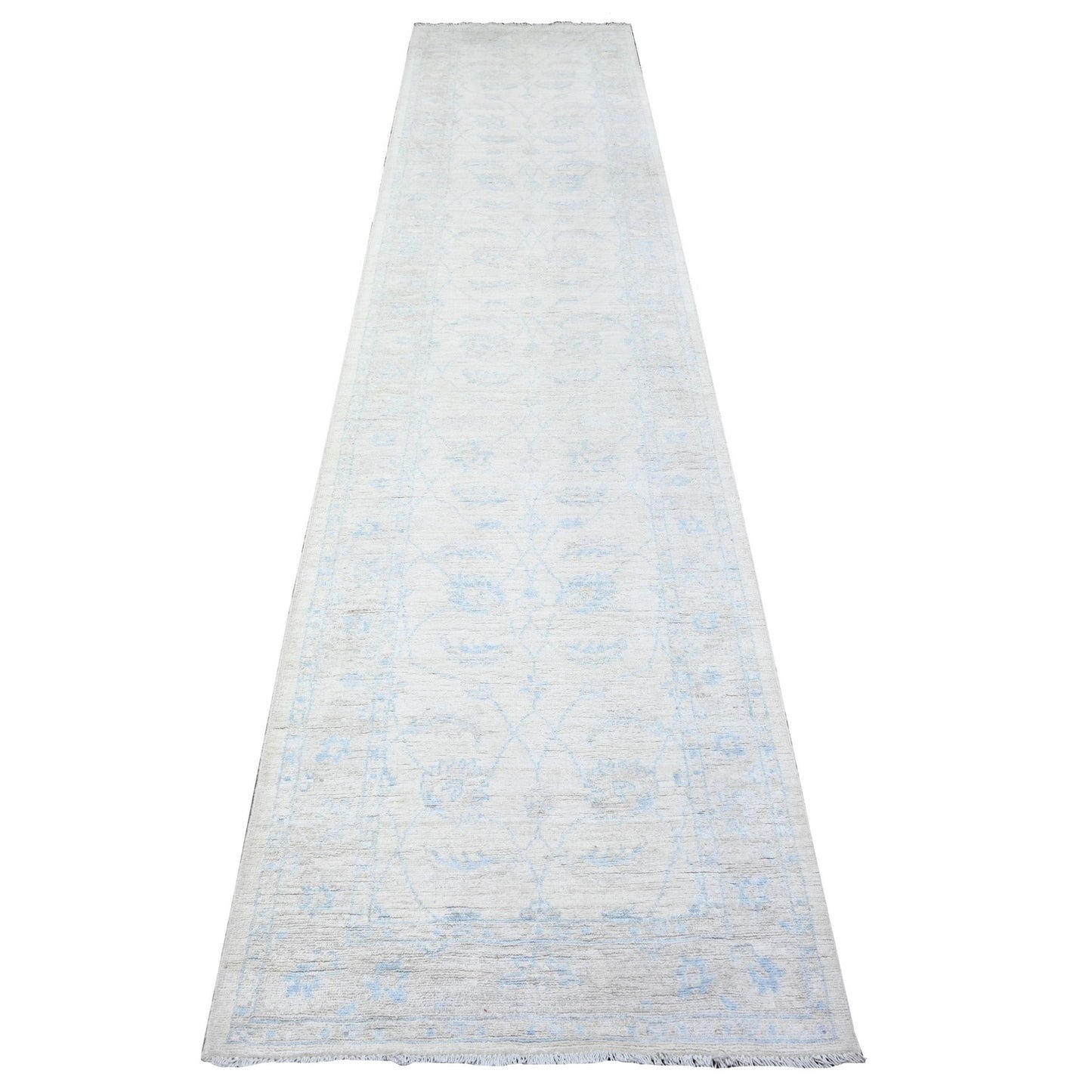 2'8"X12' Ivory Washed Out Peshawar Hand Knotted 100% Wool Runner Rug
