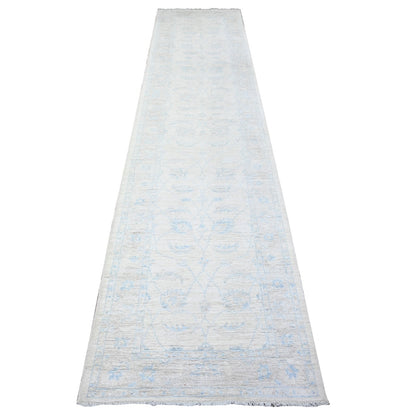 2'8"X12' Ivory Washed Out Peshawar Hand Knotted 100% Wool Runner Rug