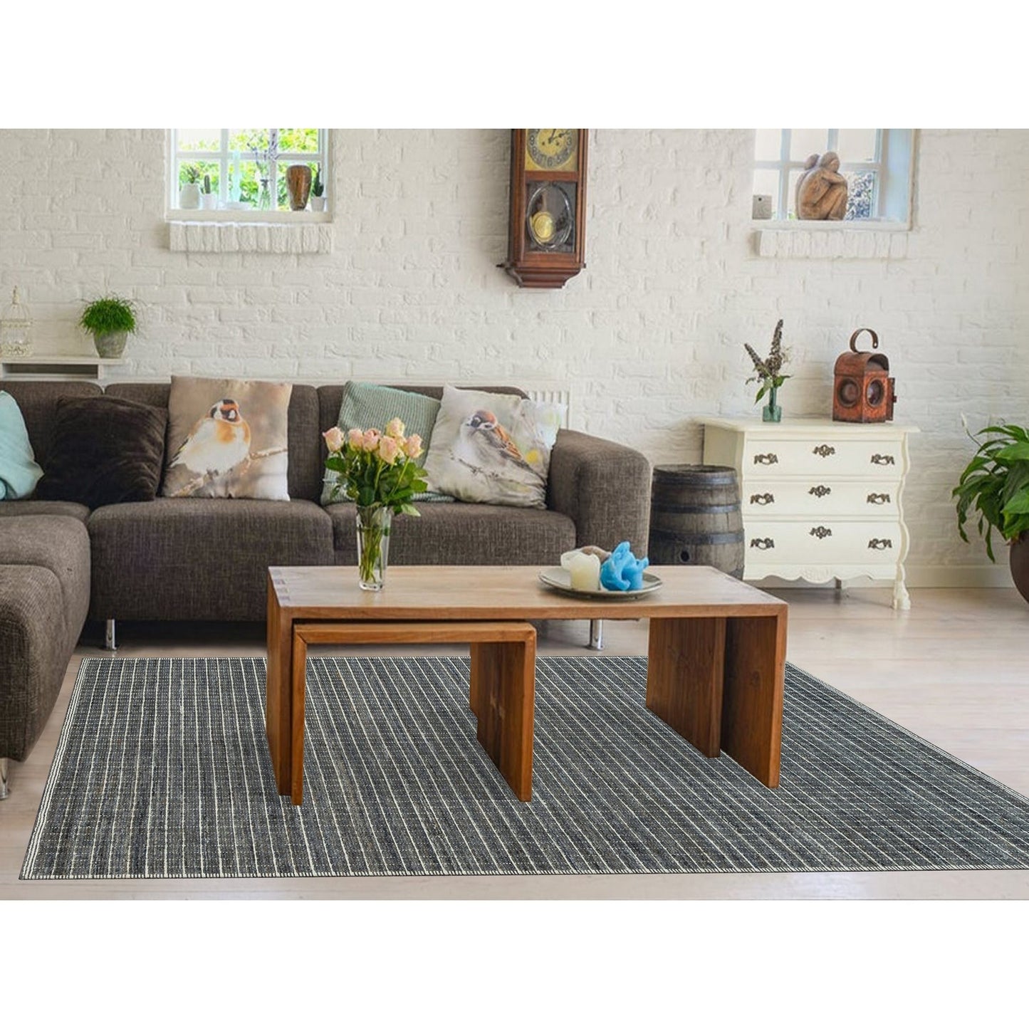 8'X9'10" Davy Gray Modern Wool Box Design Plain Loomed Knotted Rug