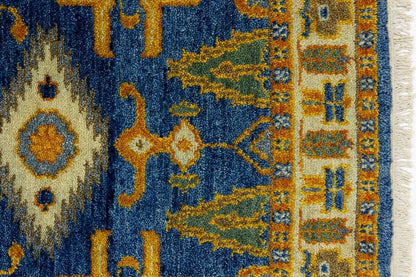 Vintage Style Blue Geometric Kazak Runner Rug