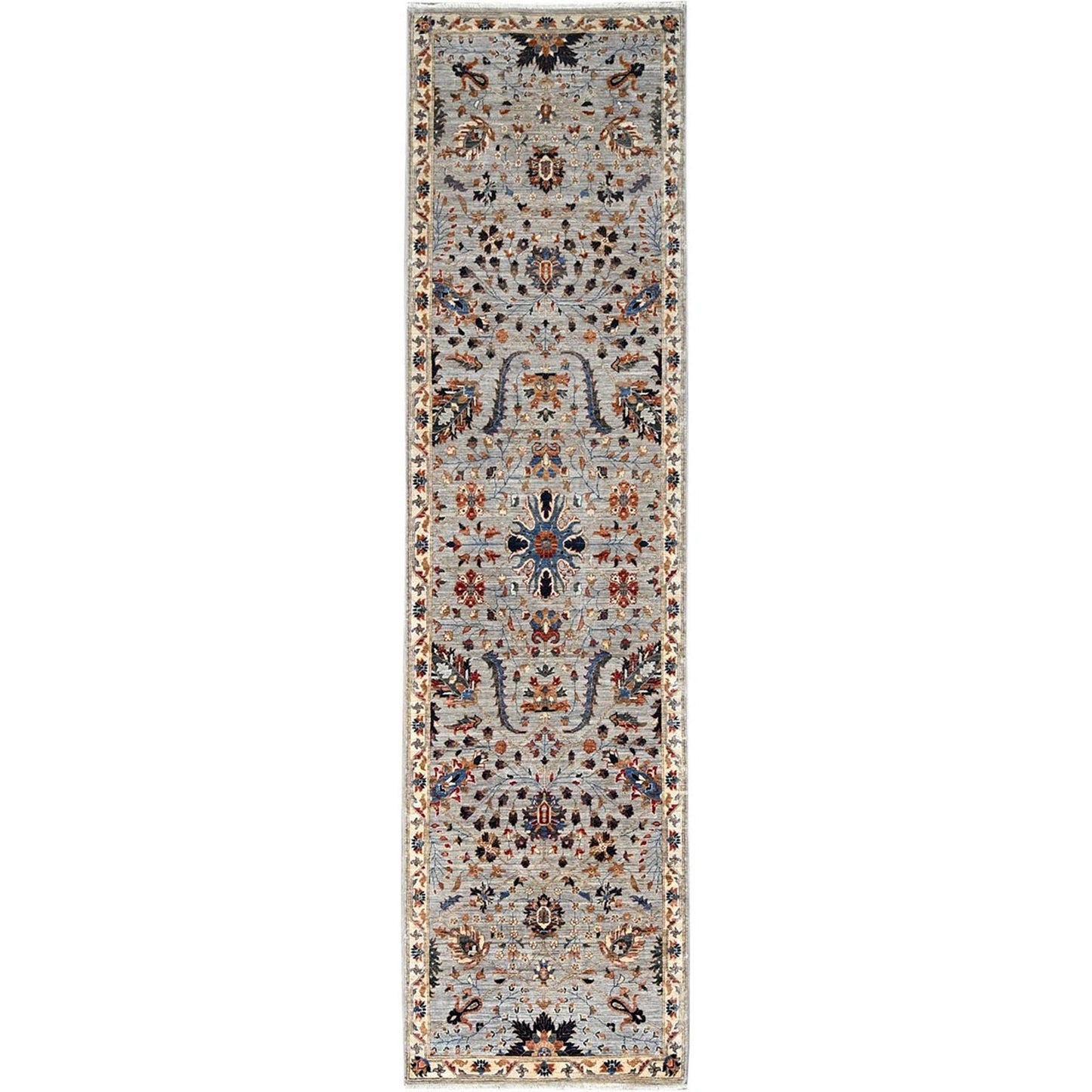 2'7"X10' Green Pure Wool Mamluk Dynasty Hand Knotted Runner 200 Kpsi Rug