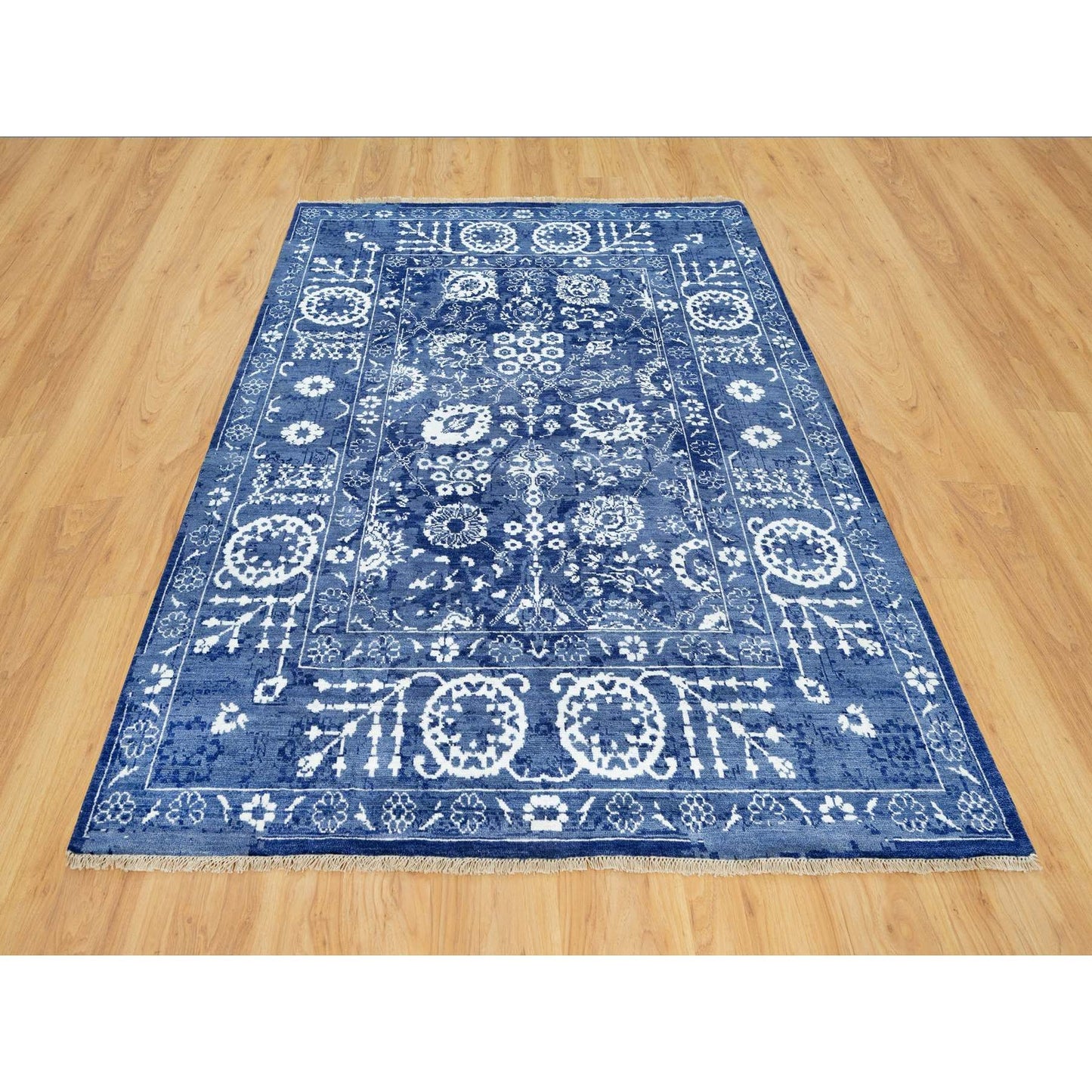 5'1"X6'10" Revel Blue Hand Knotted Tebraz Leaf Design Wool And Silk Rug