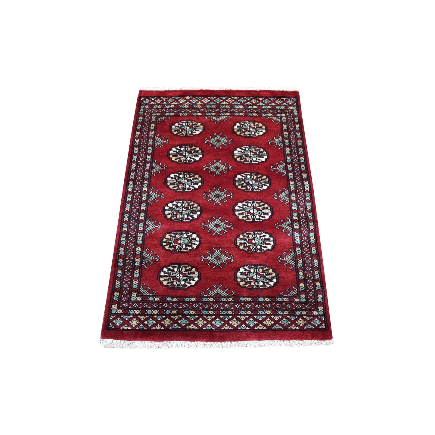 2'6"X3'10" Hand Knotted Rich Red Mori Bokara Silky Wool Oriental Rug